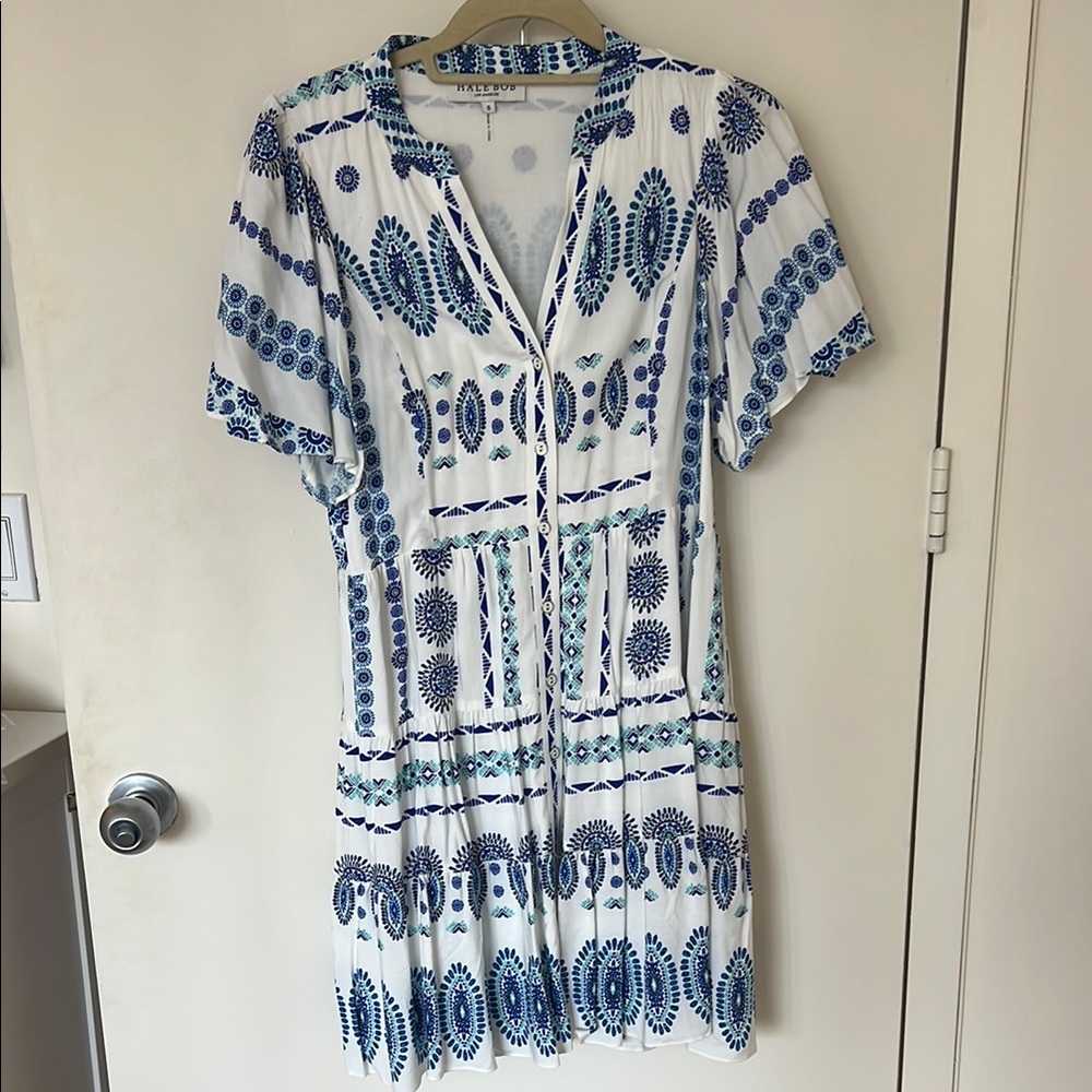 Casual Summer Hale Bob Blue and White Grecian Print Dress